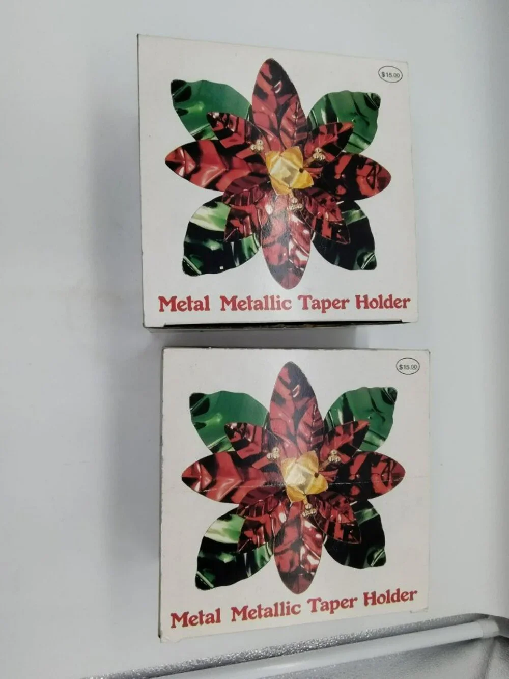 2 Vintage Christmas Taper Candle Holders Shiny metal Poinsettia Flower, Orig Box